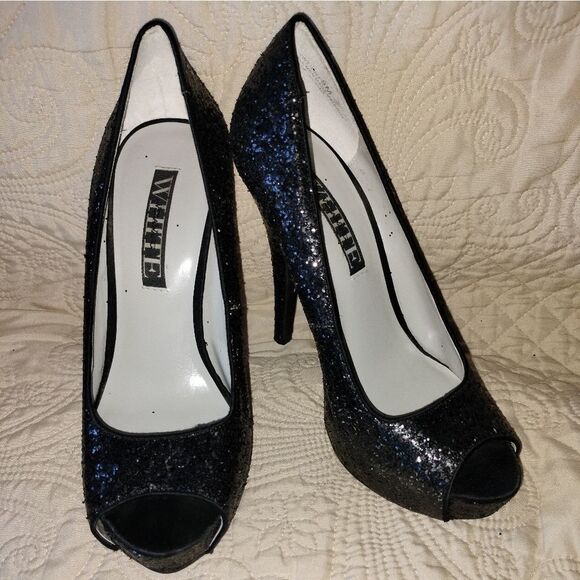 Vera Wang w/David's Bridal Black Glitter Peep Toe Platform Heels Size 8M - Picture 1 of 7